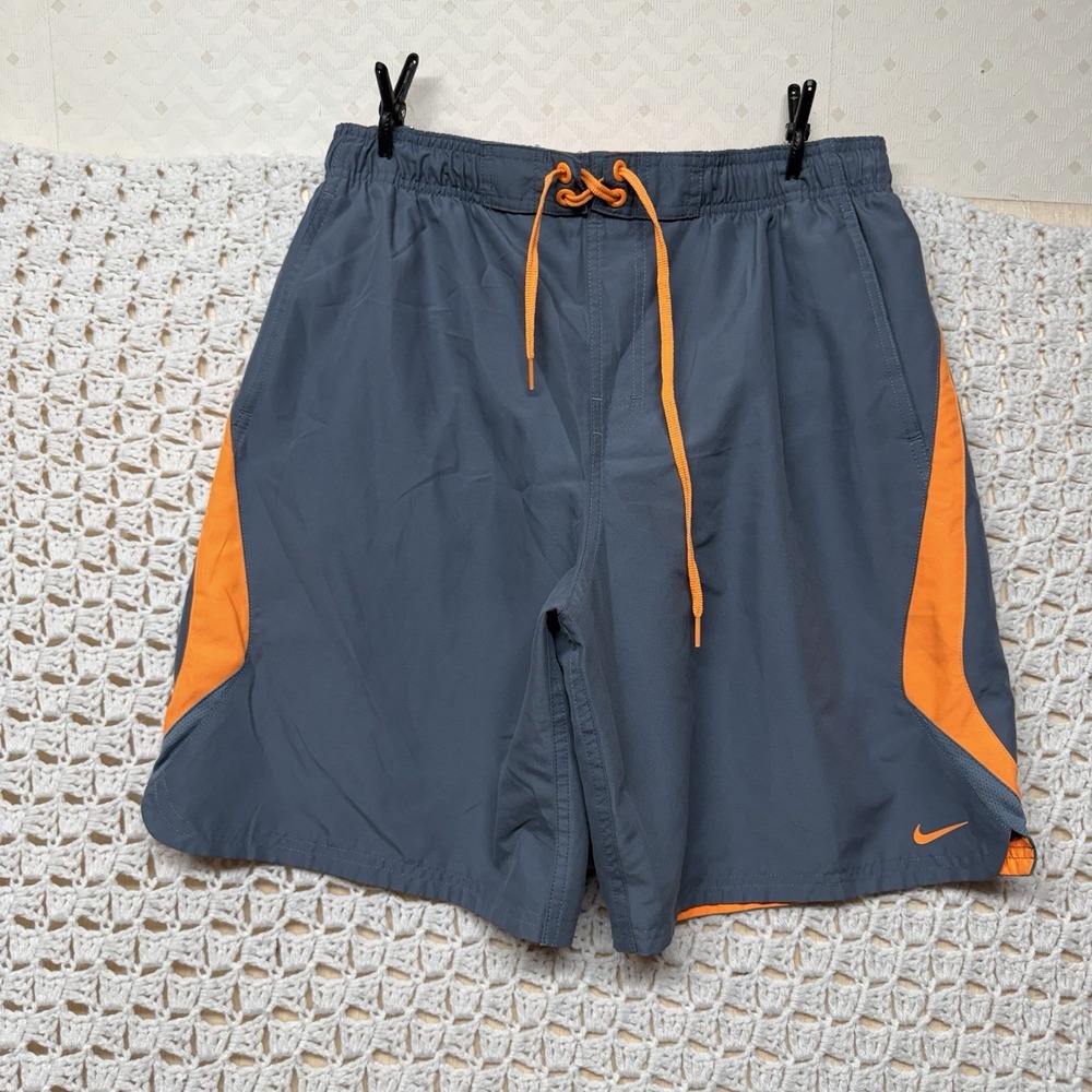 Nike Swim Trunk Short Mens Sz M  Gray Orange Mesh Lined Swimming Trunks